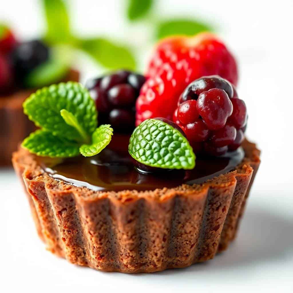 Mini chocolate tart with fresh berries and mint garnish