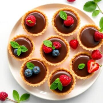 Delicious mini chocolate tarts topped with strawberries, raspberries, blueberries, and fresh mint le.