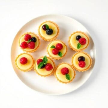 Delicious mini no-bake lemon cheesecake tarts topped with fresh berries and mint leaves. Perfect for.