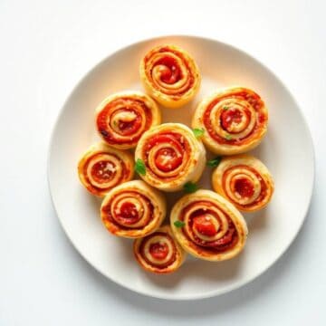 Delicious pepperoni pizza pinwheels on a white plate, perfect for snacks or parties.