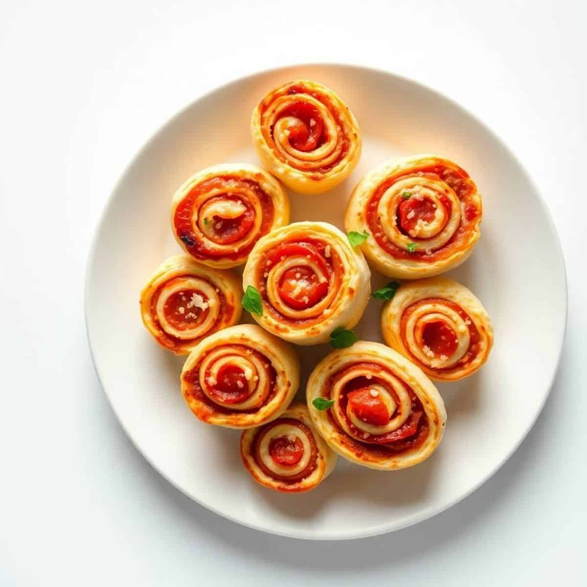 Delicious pepperoni pizza pinwheels on a white plate, perfect for snacks or parties.