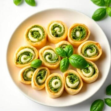 Delicious pesto and mozzarella cheese pinwheels arranged on a white plate with fresh basil leaves.