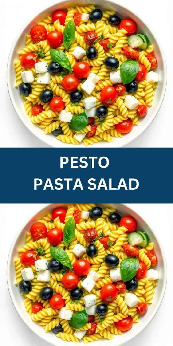 Pesto pasta salad final closeup with vibrant green color