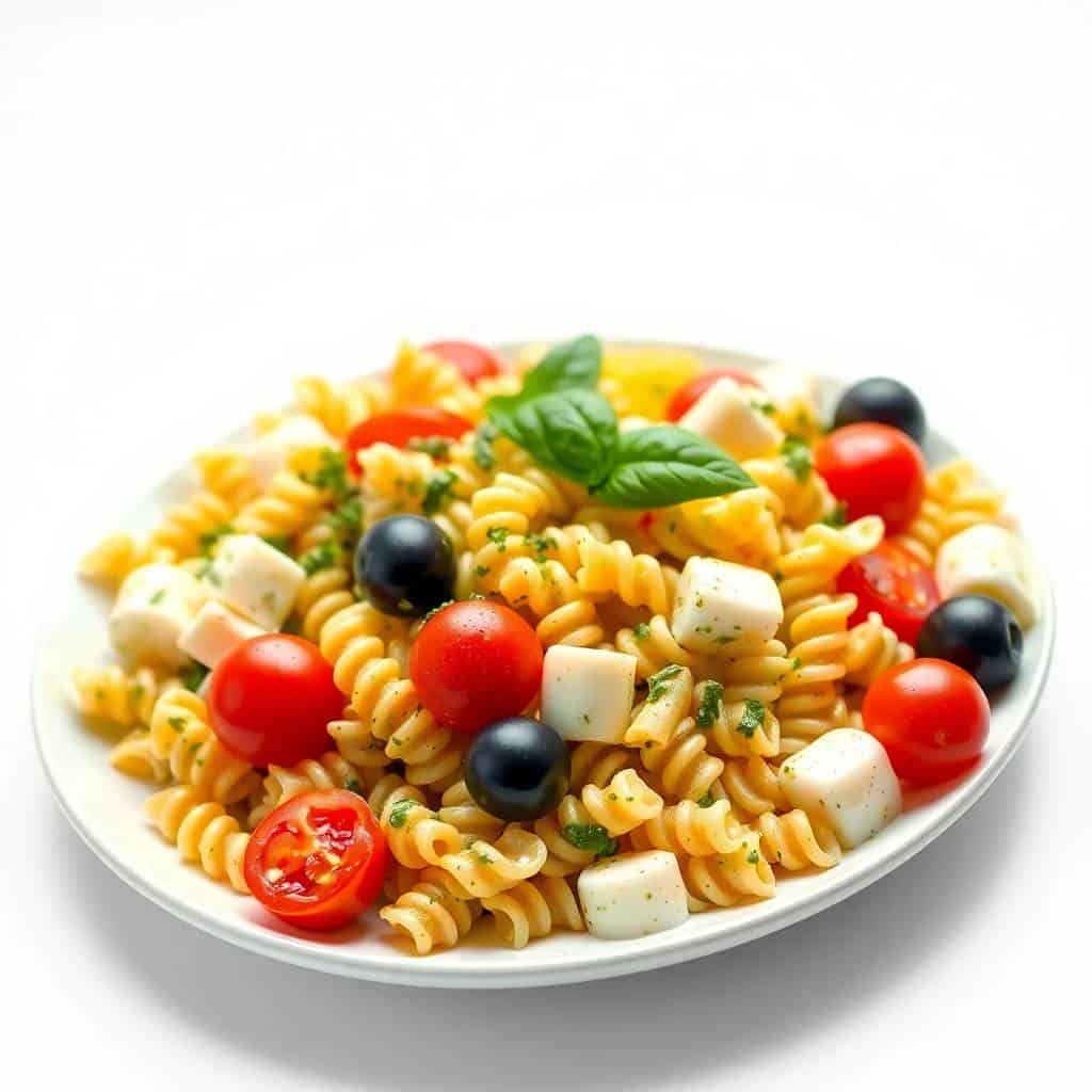 Pesto pasta salad with cherry tomatoes mozzarella pearls and Parmesan