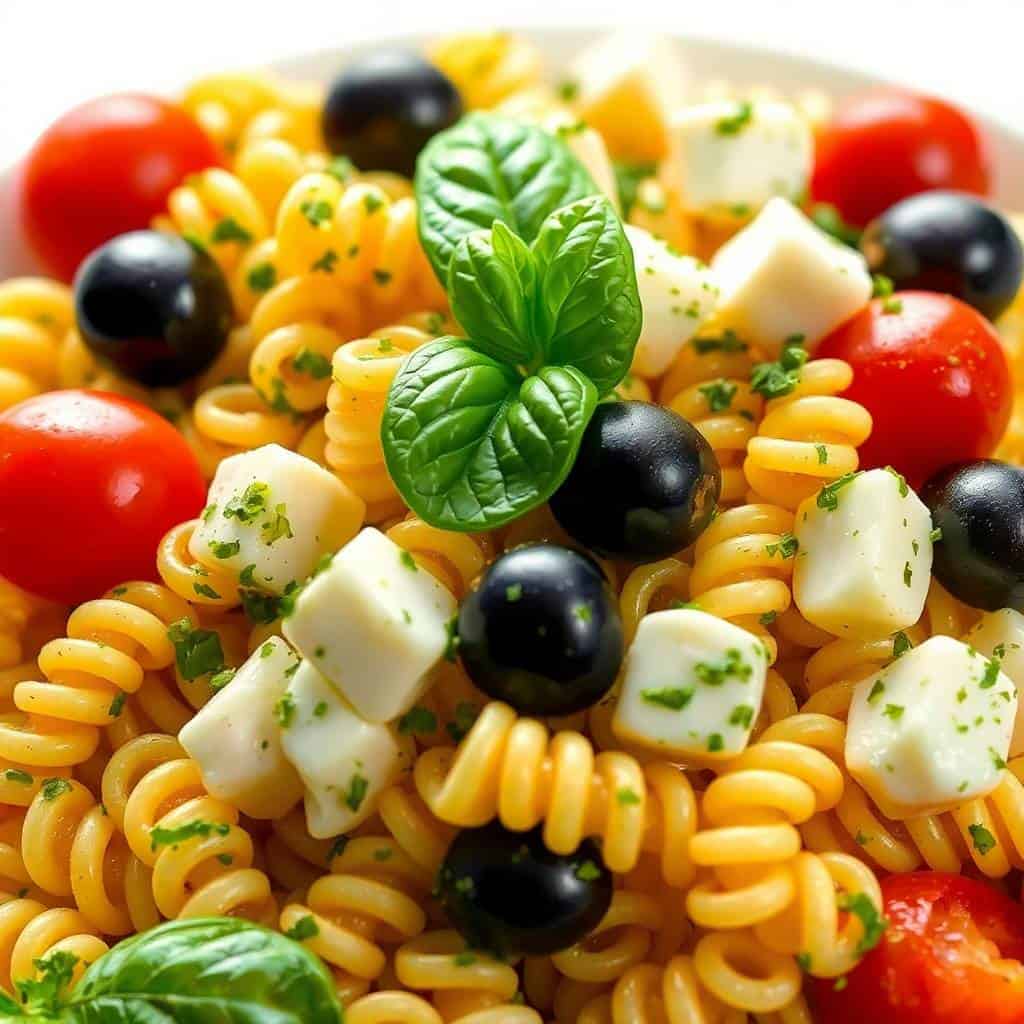 Pesto pasta salad in serving bowl with garnishes