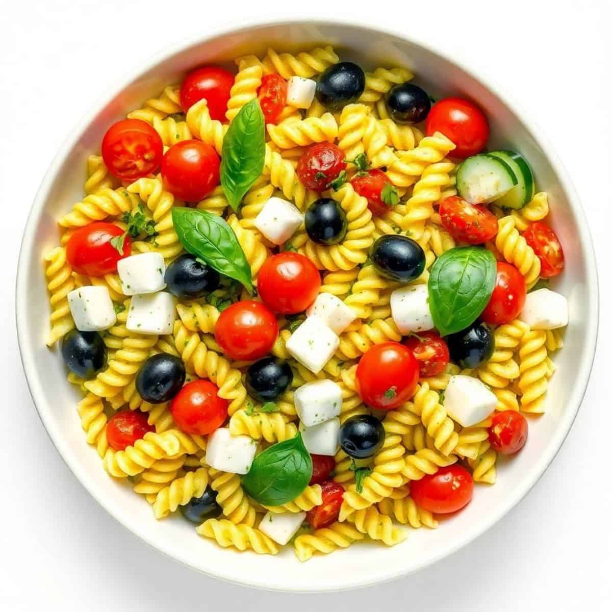 Colorful pesto pasta salad with cherry tomatoes, mozzarella, black olives, and basil leaves.