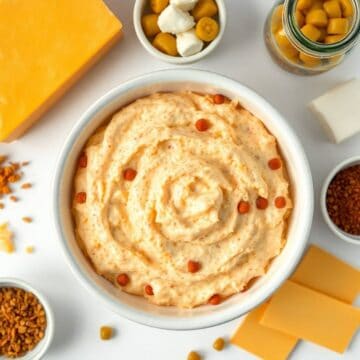 Pimento cheese dip with melted cheese, pimentos, and seasonings in a white bowl. Perfect for appetiz.