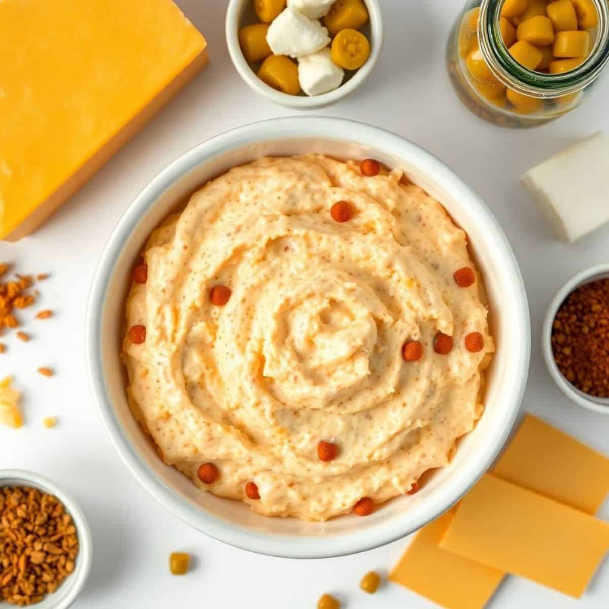 Pimento cheese dip with melted cheese, pimentos, and seasonings in a white bowl. Perfect for appetiz.