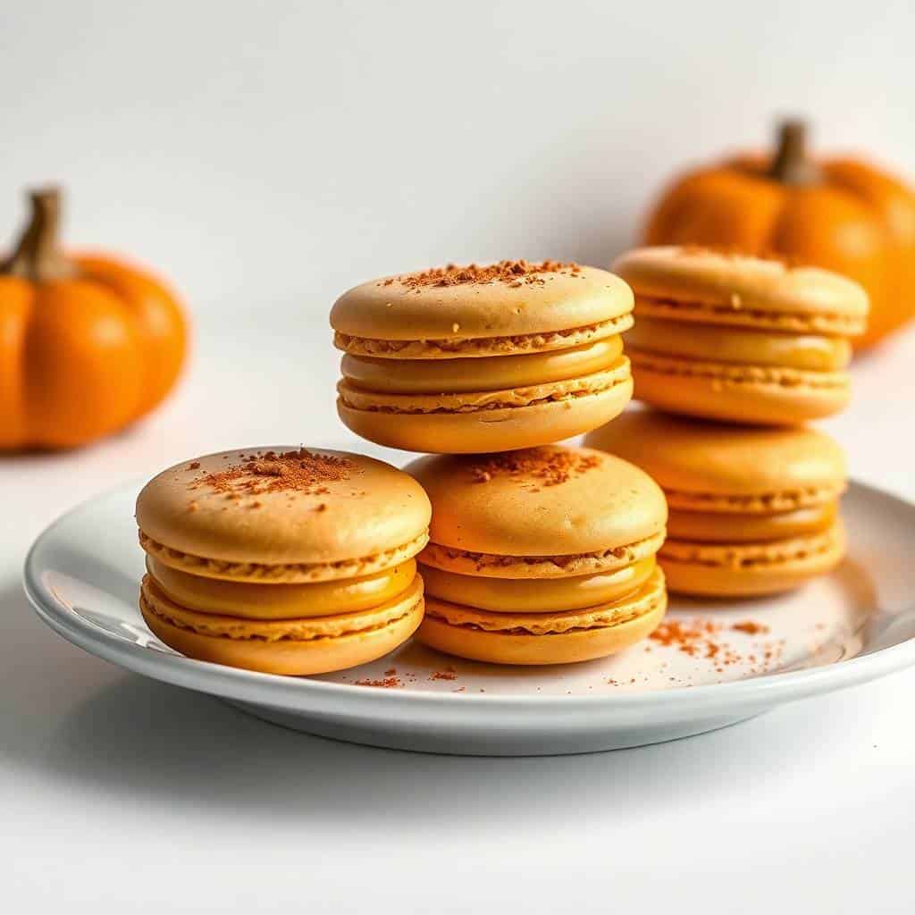Pumpkin pie macarons with orange shells and creamy filling