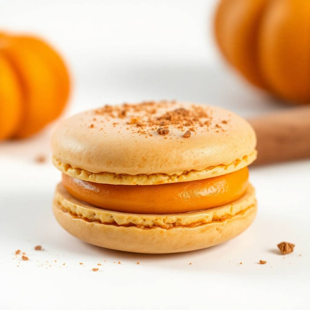Pumpkin pie macarons on serving platter with cinnamon sticks