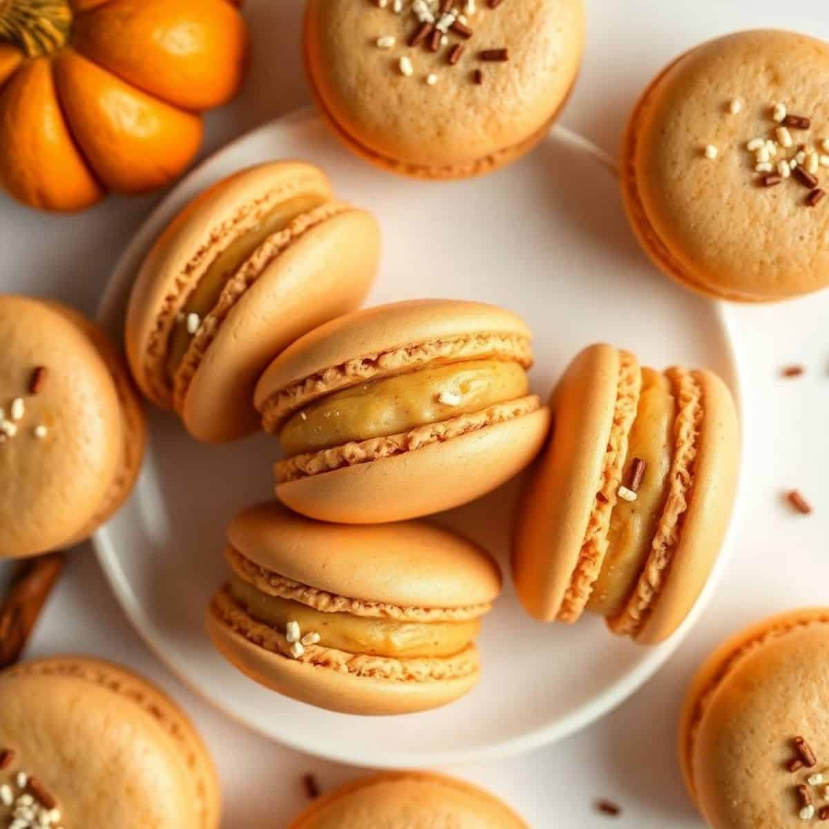 Delicious pumpkin-flavored macarons with creamy filling and festive sprinkles. Perfect for fall dess.