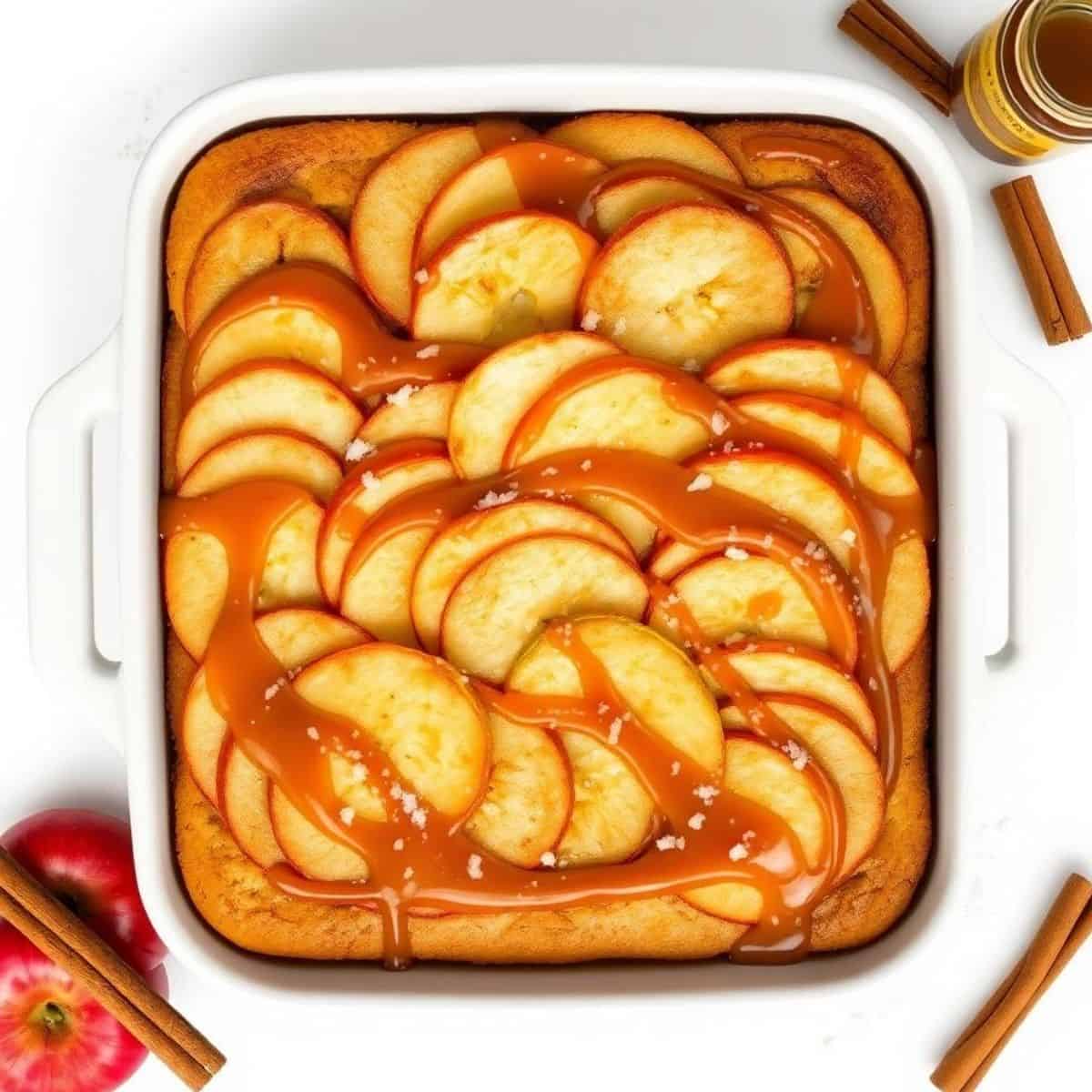 Delicious salted caramel apple sheet cake topped with fresh apple slices and caramel drizzle. Perfec.