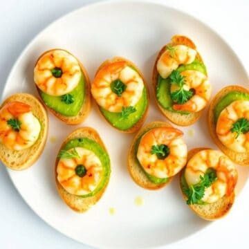 Delicious shrimp and avocado crostini topped with herbs on toasted bread slices. Perfect appetizer f.