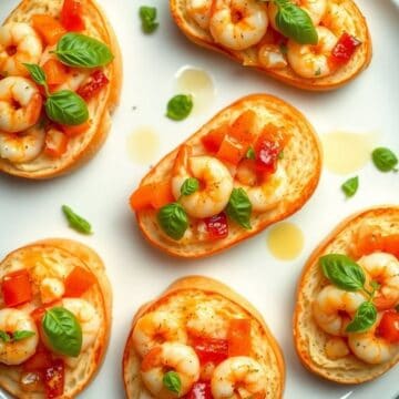 Shrimp bruschetta topped with fresh basil and diced tomatoes on toasted bread slices.