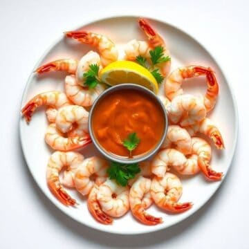 Shrimp cocktail with lemon and dipping sauce on a white plate.