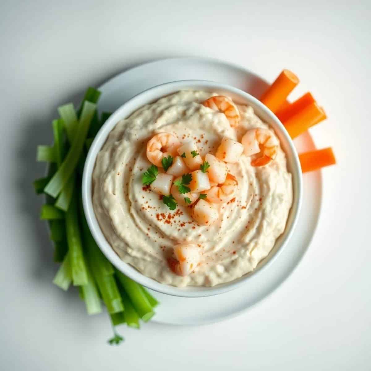 Delicious shrimp dip served with fresh vegetable sticks on a white plate.