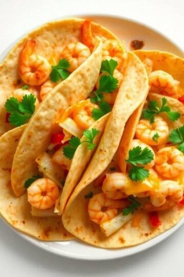 Delicious shrimp quesadillas with fresh herbs and melted cheese on soft tortillas. Perfect for a fla.