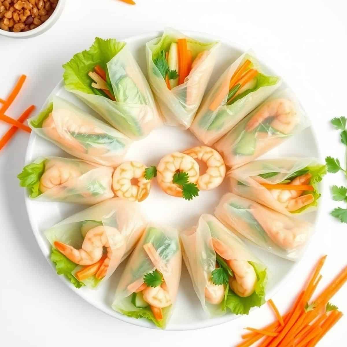 Fresh shrimp spring rolls with vegetables and rice paper, served with herbs.