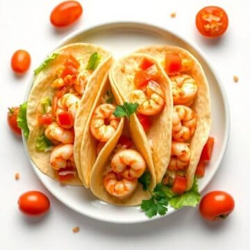 Delicious shrimp tacos with fresh vegetables and cilantro on a white plate.