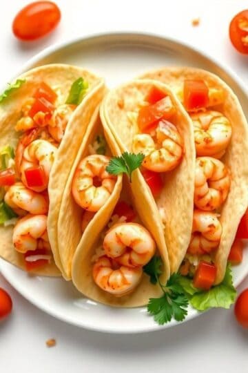 Delicious shrimp tacos with fresh vegetables and cilantro on a white plate.