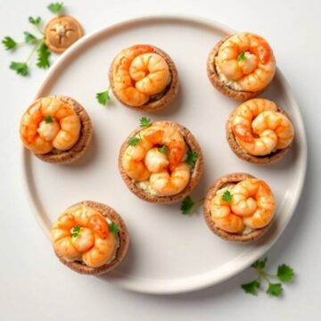 Delicious shrimp stuffed mushrooms garnished with herbs on a white plate.