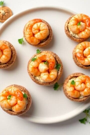 Delicious shrimp stuffed mushrooms garnished with herbs on a white plate.