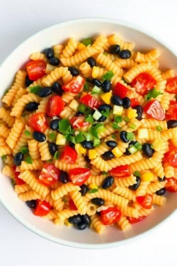 Colorful Southwest pasta salad with cherry tomatoes, black beans, and green onions.
