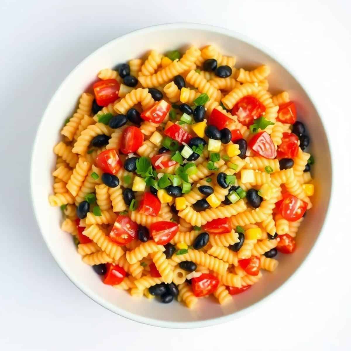 Colorful Southwest pasta salad with cherry tomatoes, black beans, and green onions.