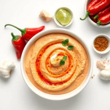 Spicy chipotle dip in a white bowl with chili peppers and lime on a white background.