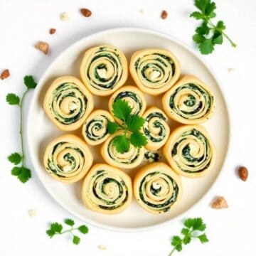 Delicious spinach and artichoke pinwheels on a white plate with herbs and nuts.