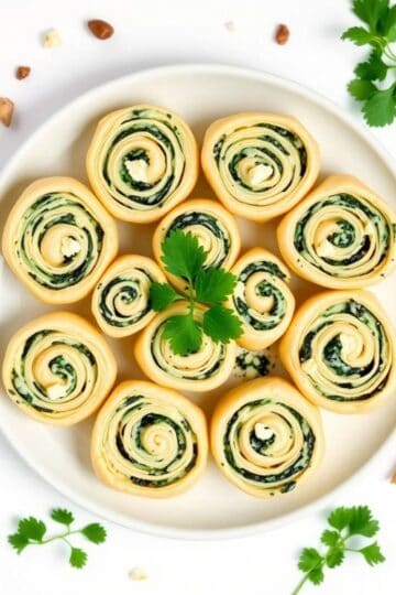 Delicious spinach and artichoke pinwheels on a white plate with herbs and nuts.