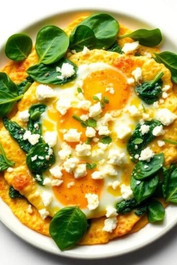 Healthy spinach and feta cheese omelet with eggs and fresh greens.