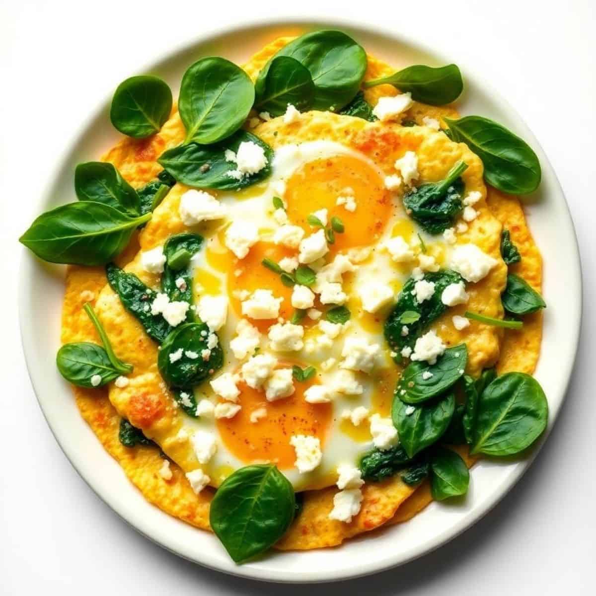 Healthy spinach and feta cheese omelet with eggs and fresh greens.