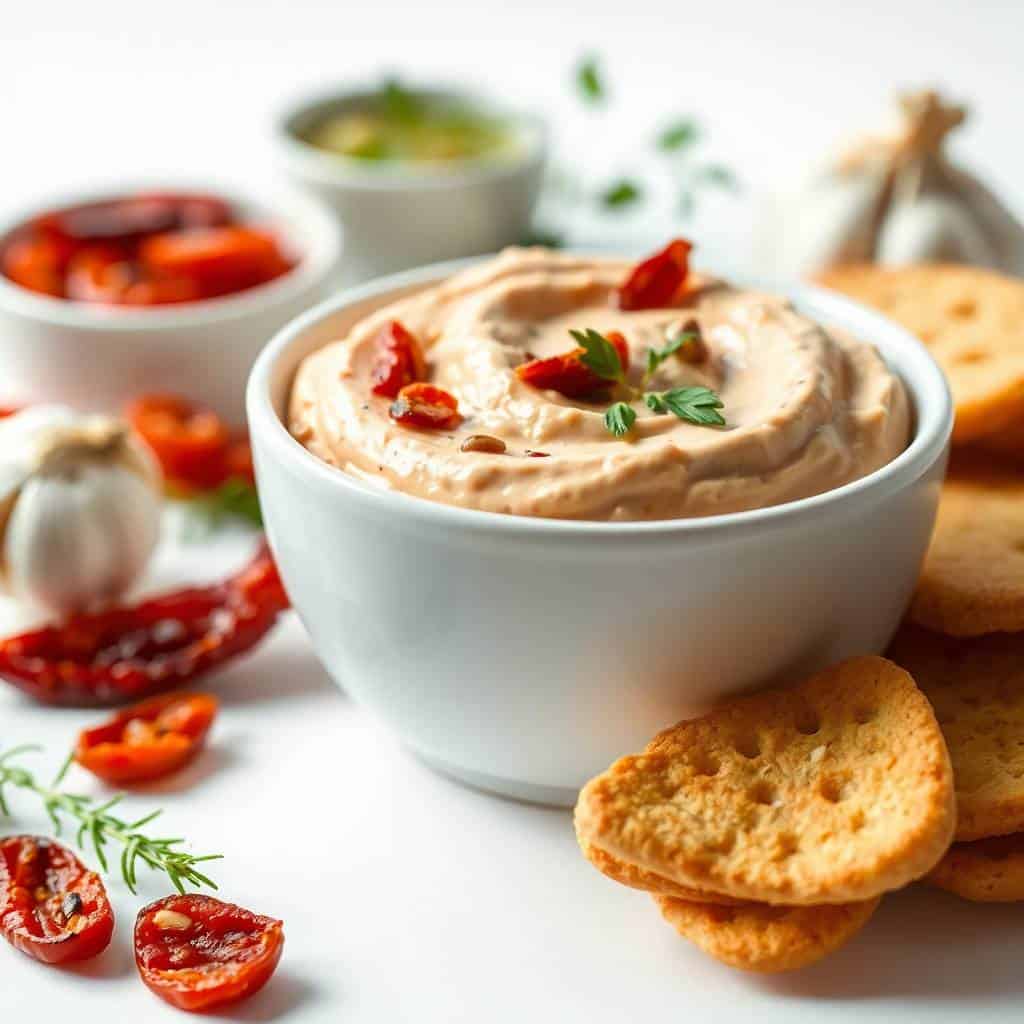 Delicious sun-dried tomato dip served with crispy crackers and fresh herbs. Perfect for appetizers a.