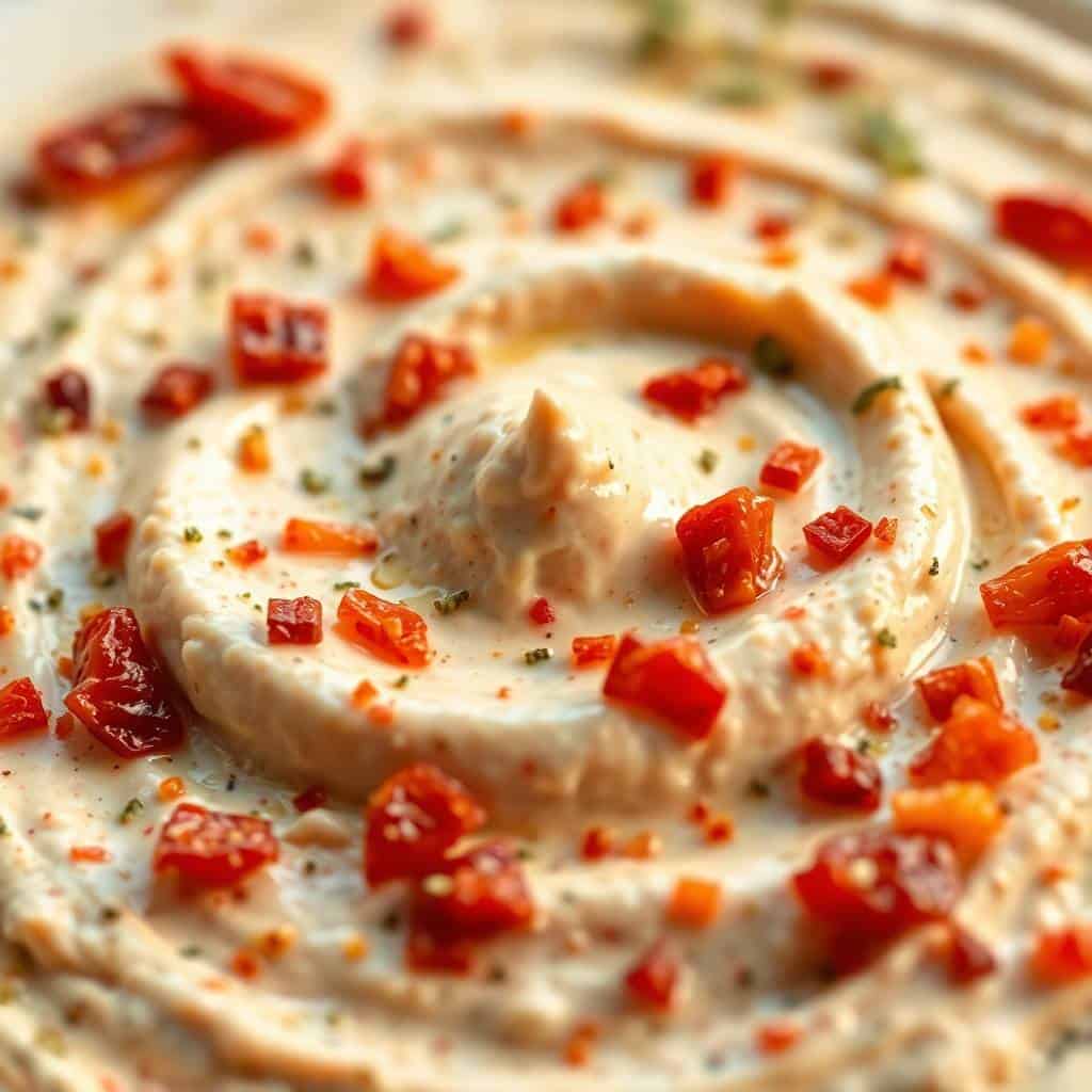 Creamy sun-dried tomato dip garnished with chopped tomatoes and herbs.