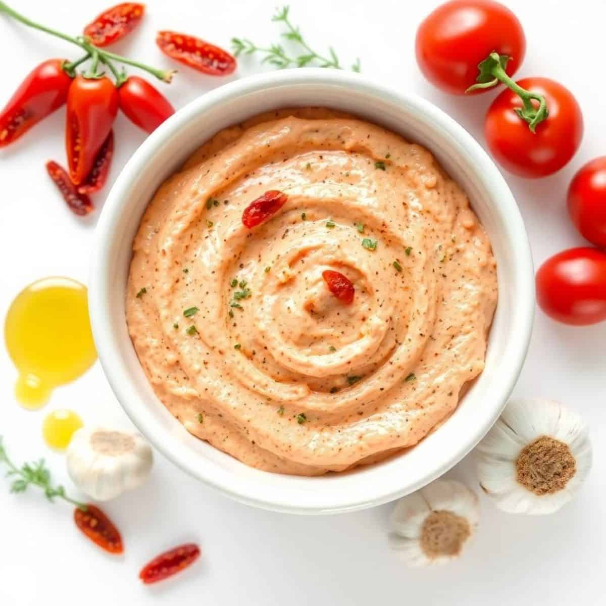 Sun-Dried Tomato Dip with Fresh Ingredients and Herbs.