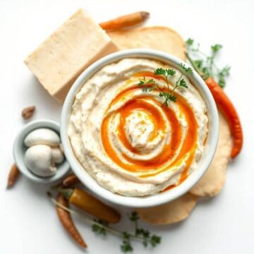 Cream cheese dip topped with sweet chili sauce and garnished with herbs.