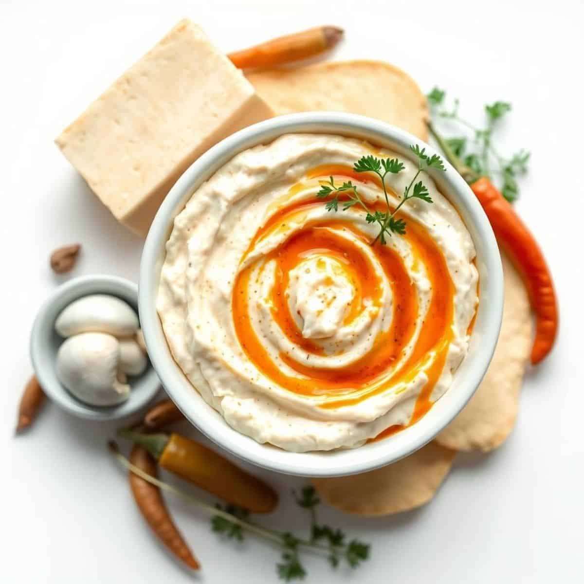 Cream cheese dip topped with sweet chili sauce and garnished with herbs.