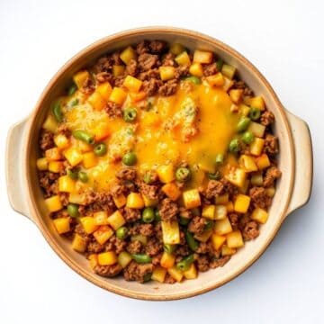 Delicious Amish country casserole with ground beef, mixed vegetables, and melted cheese. Perfect com.