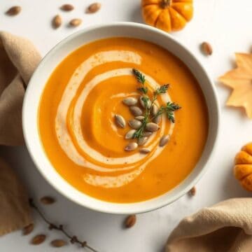 Delicious butternut squash and sweet potato soup garnished with seeds and herbs.