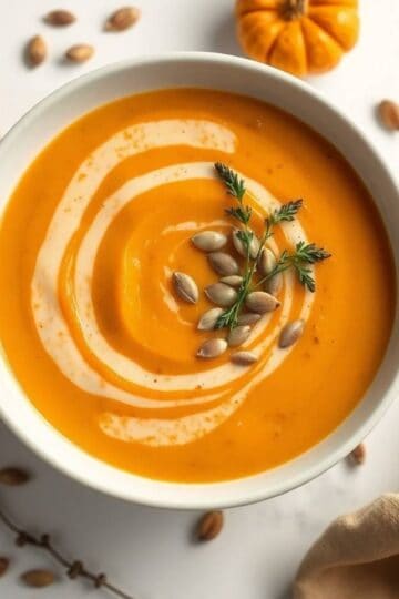 Delicious butternut squash and sweet potato soup garnished with seeds and herbs.
