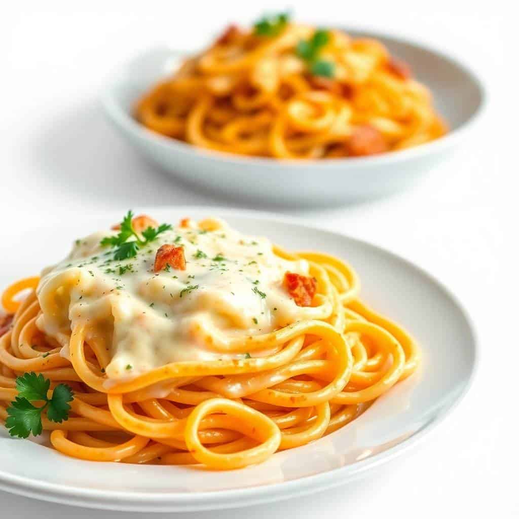 Creamy baked cream cheese spaghetti with herbs and bacon on a white plate.