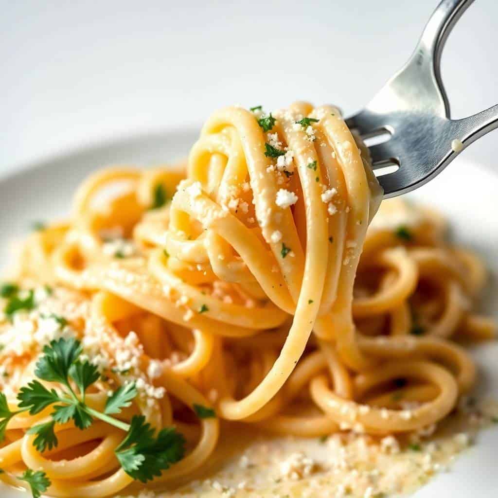 Delicious baked cream cheese spaghetti topped with herbs and grated Parmesan cheese.