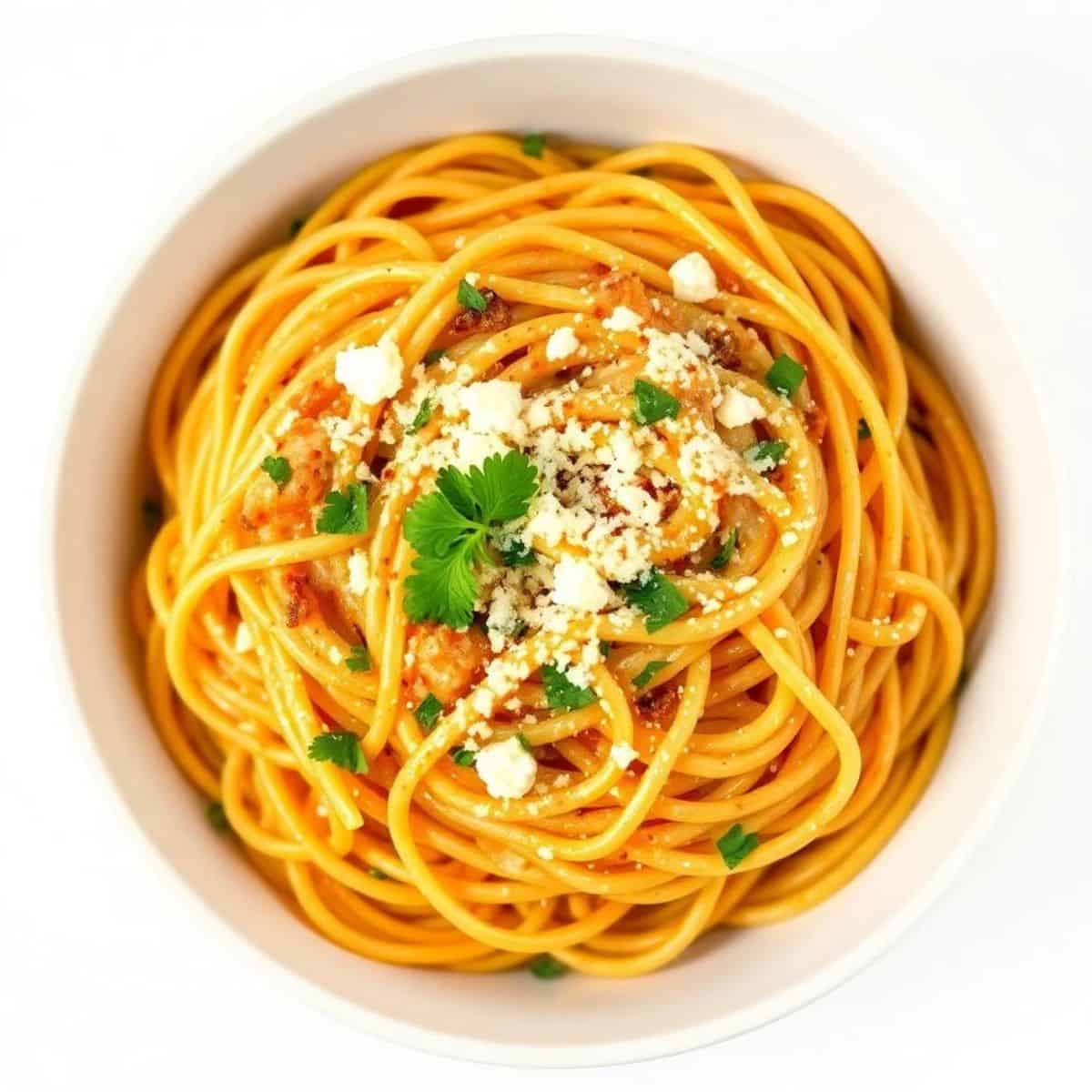 Cream cheese spaghetti with herbs and cheese in a white bowl.