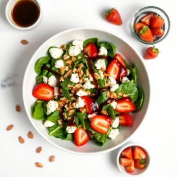 Fresh strawberry spinach salad with balsamic glaze and feta cheese.