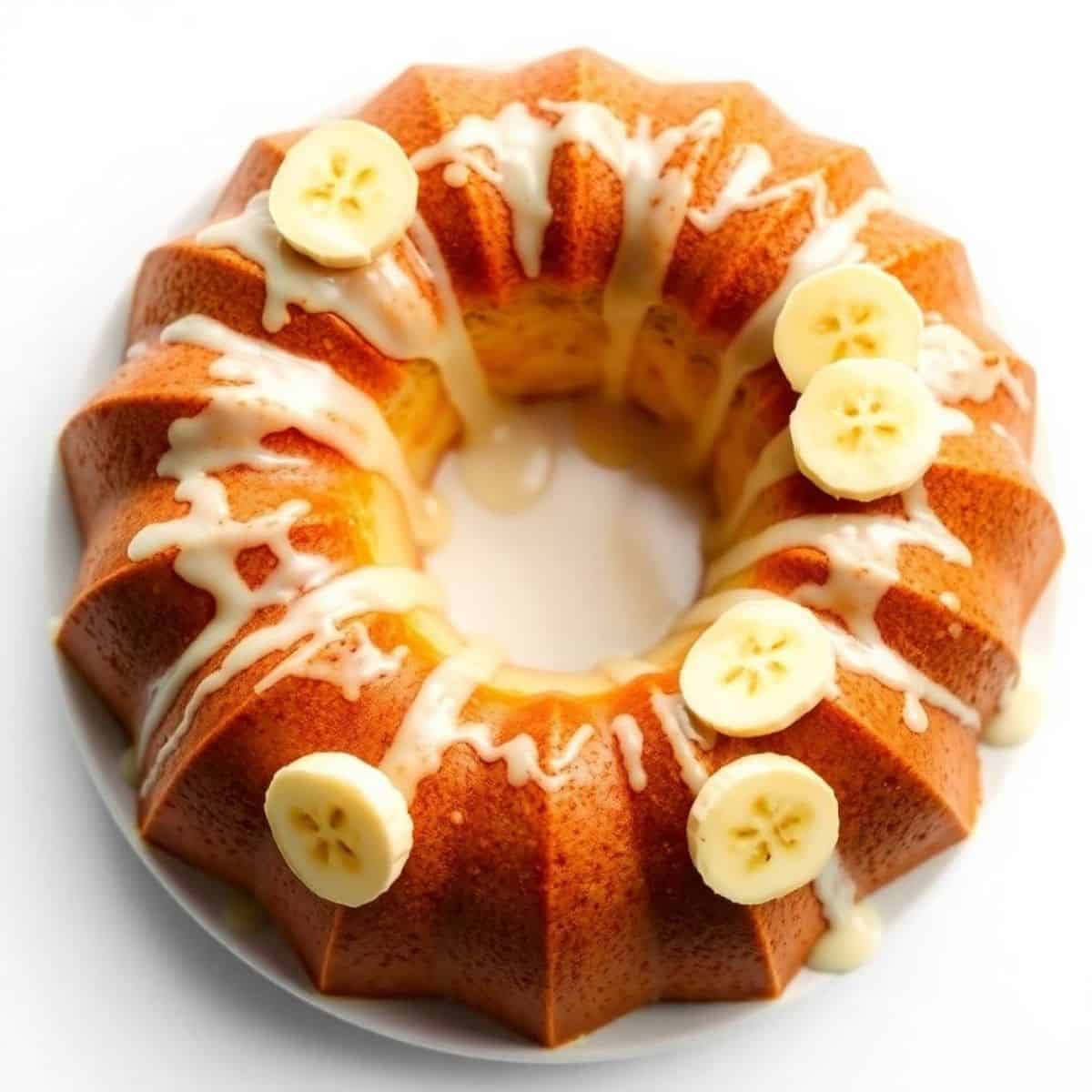 Delicious banana bundt cake with white chocolate drizzle and banana slices.