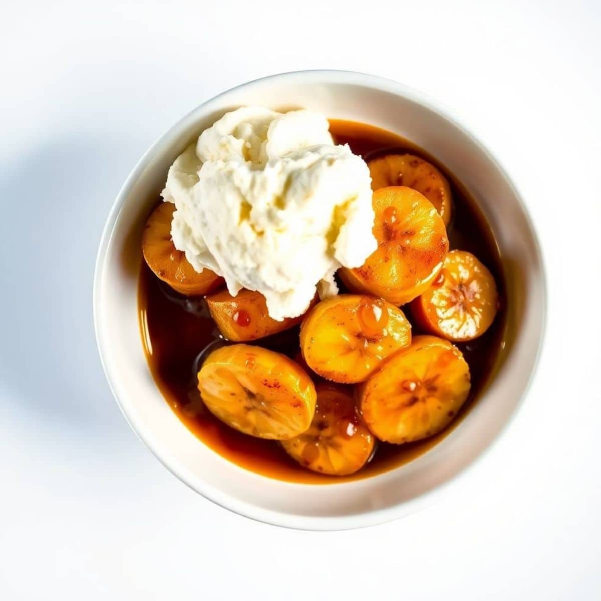 Bananas Foster with ice cream in a bowl, caramelized bananas and sauce.