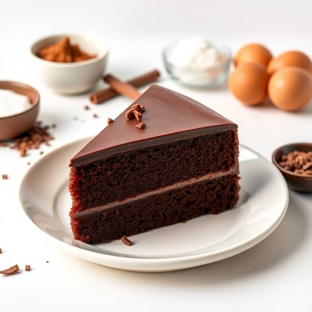 Rich flourless chocolate cake slice with smooth ganache topping.