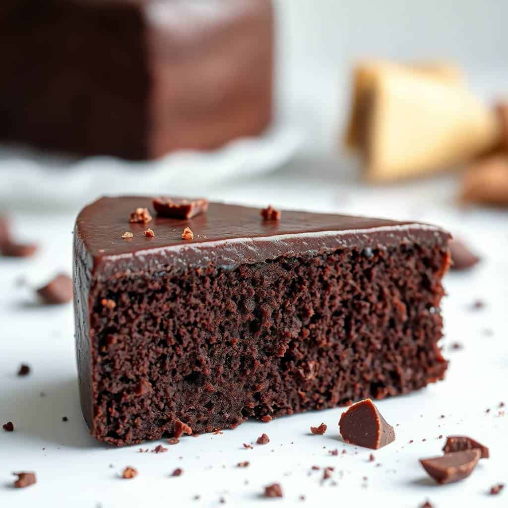 Delicious flourless chocolate cake slice with smooth chocolate glaze and crumbled toppings.