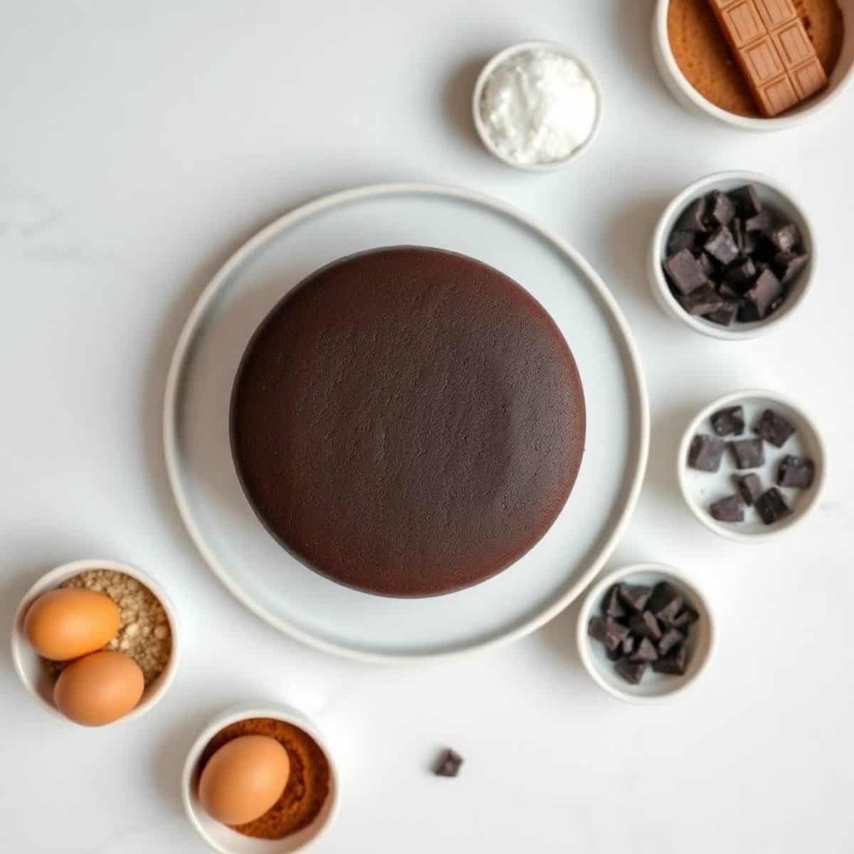 Delicious flourless chocolate cake with chocolate chunks and toppings.